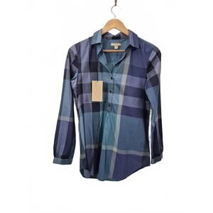 Nwt Burberry Brit Nova Check Blue Teal Plaid 3/4 Button Front Shirt Long Sleeve